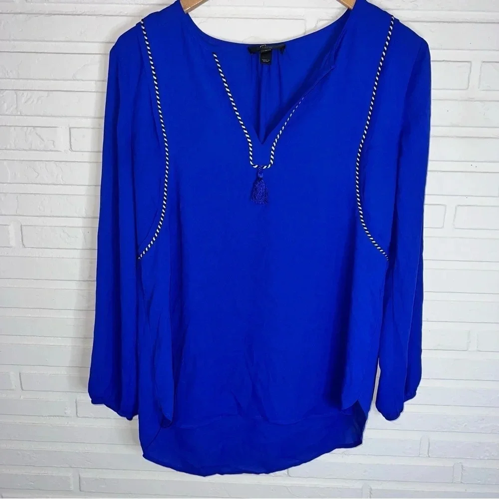 J. Crew Blue Tassel Trim V-Neck Long Sleeve Blouse, Women’s Size 0